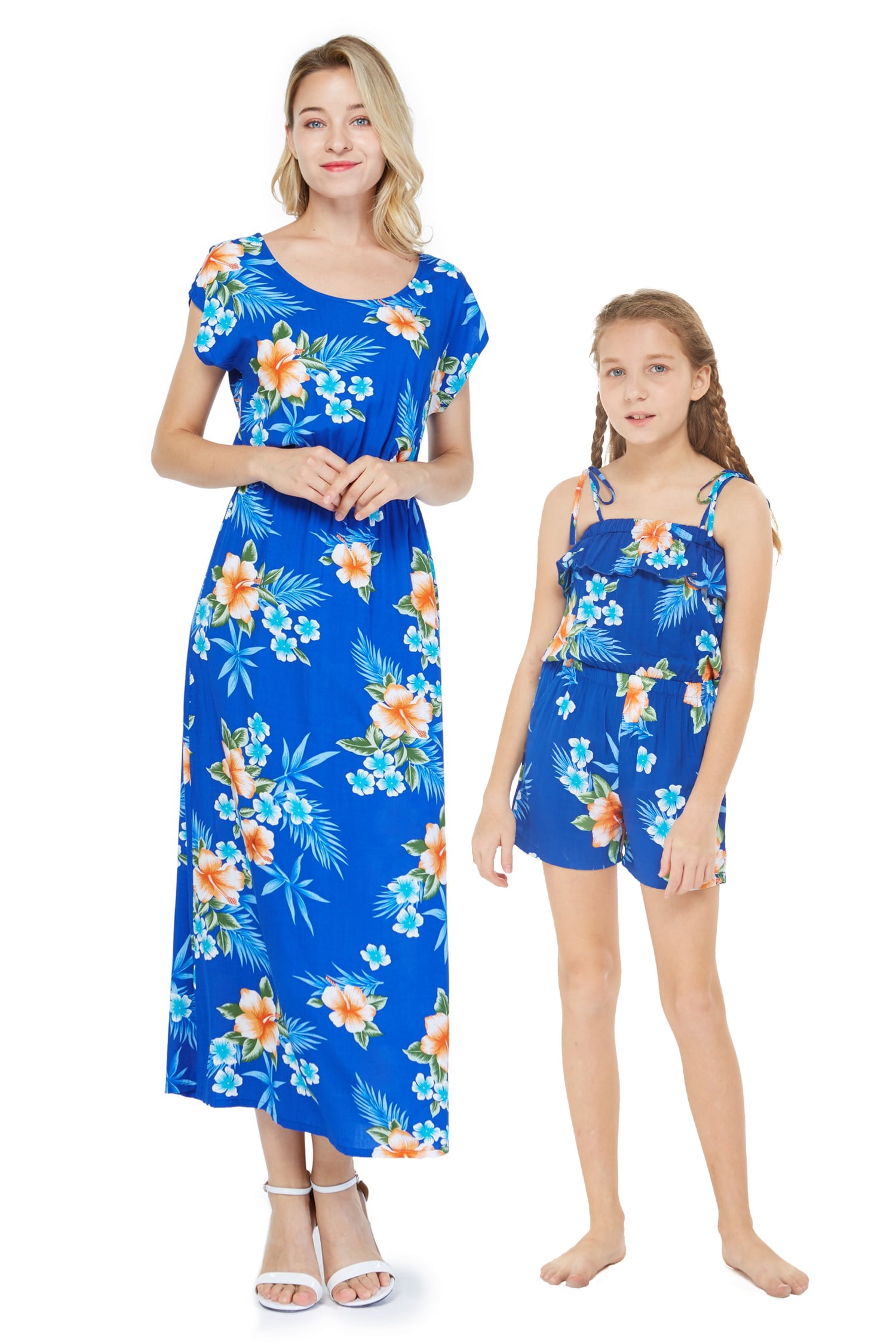 Mother Daughter Matching Dress Outfit Hawaiian Cruise Luau Beach Hibiscus Blue 