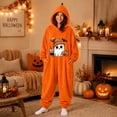 thumbnail image 5 of Cute Matching Halloween Pumpkin Onesie Costume for Adults, Flannel Hooded Pumpkin Pajamas with Cute Ghost Print, Halloween Pajamas Ultra Soft Loungewear Jumpsuit for Party and Seasonal Sleepwear, 5 of 5