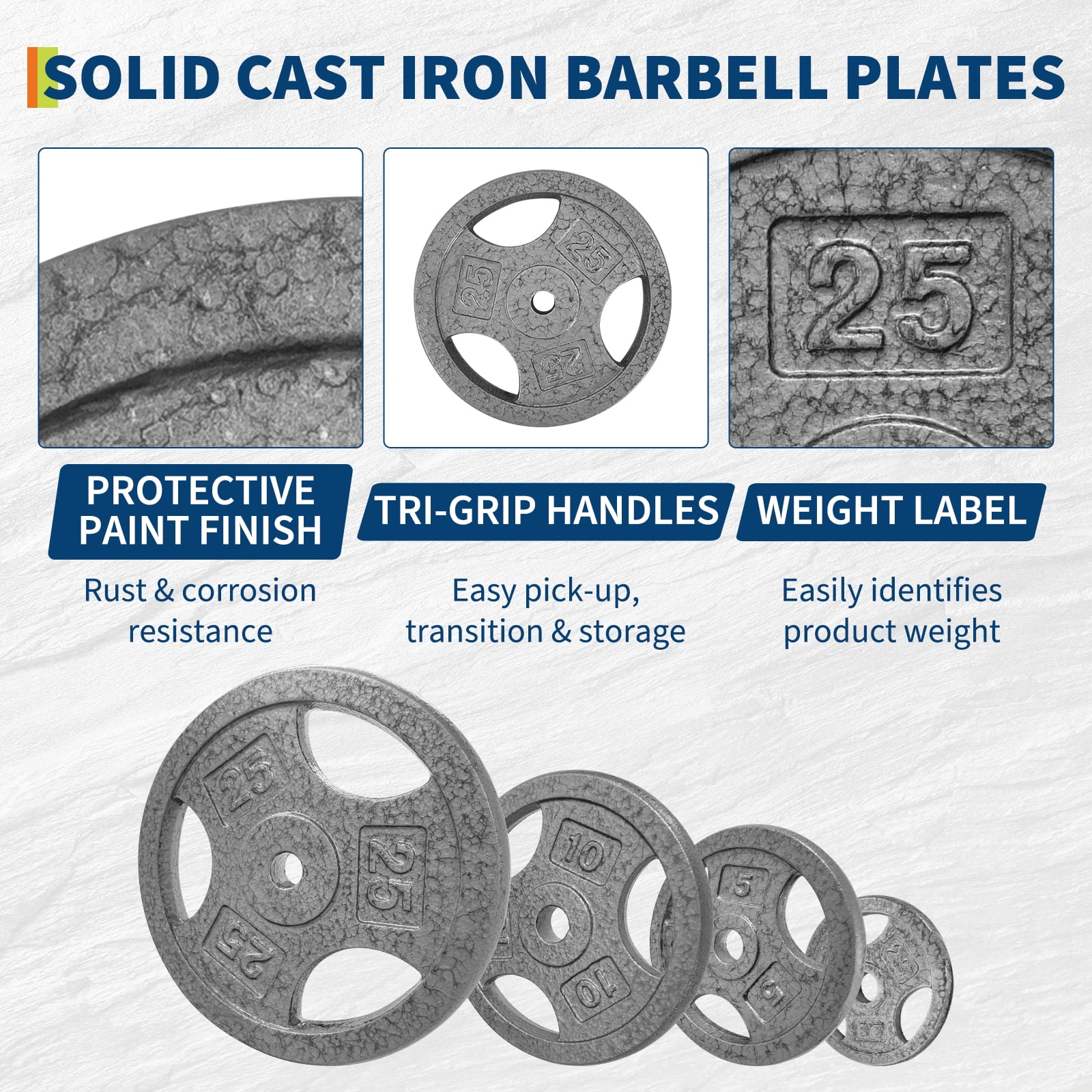 Cast Iron Weight Plates with Triple Grip Handles, 1 inch Standard Weights Plates with Anti-Rust Coating for Home Gym Strength Training, Weightlifting & Muscle Toning