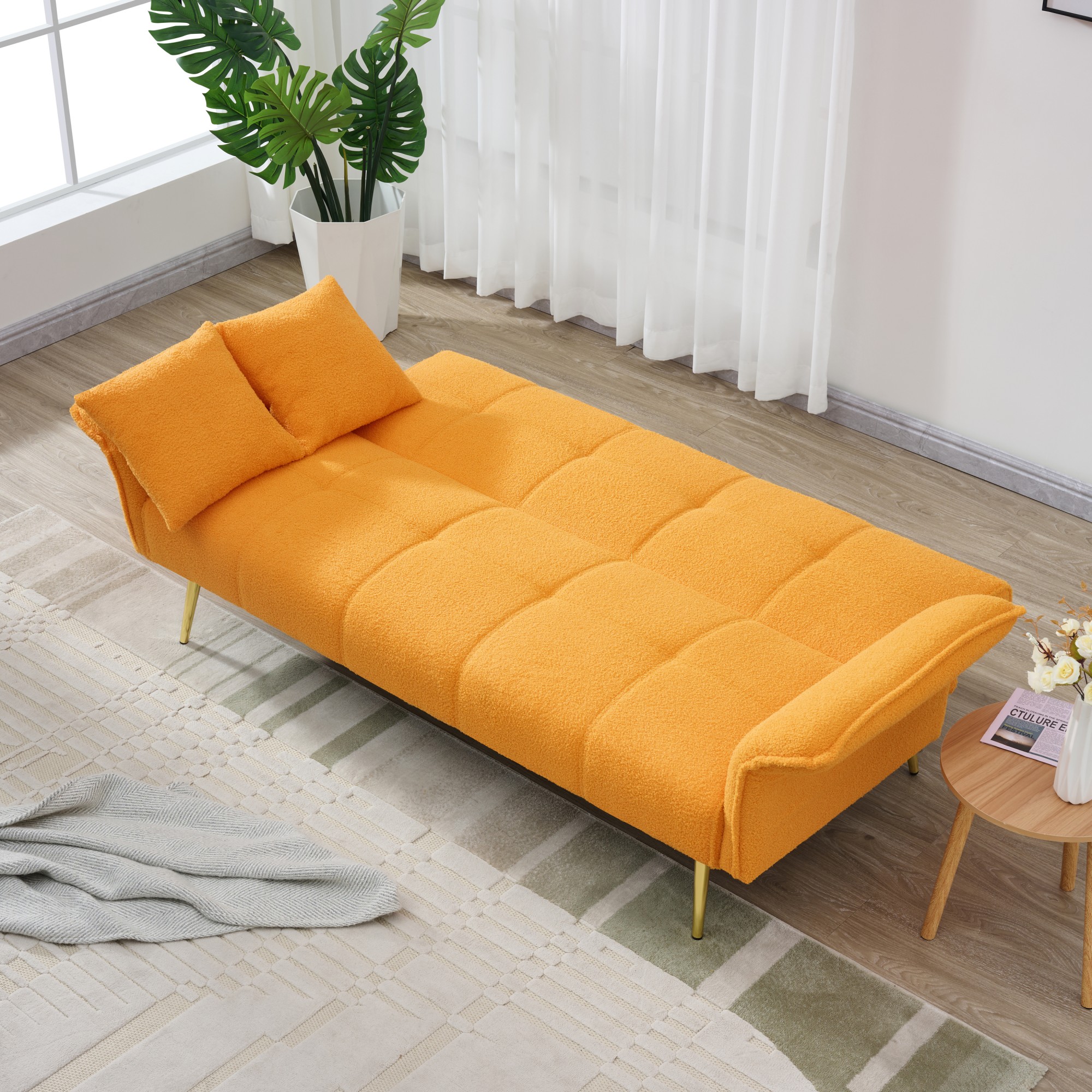 Futon Sofa Bed,Convertible Double Sofa Bed with Folding Armrests for Living Rooms and Small Spaces,Yellow
