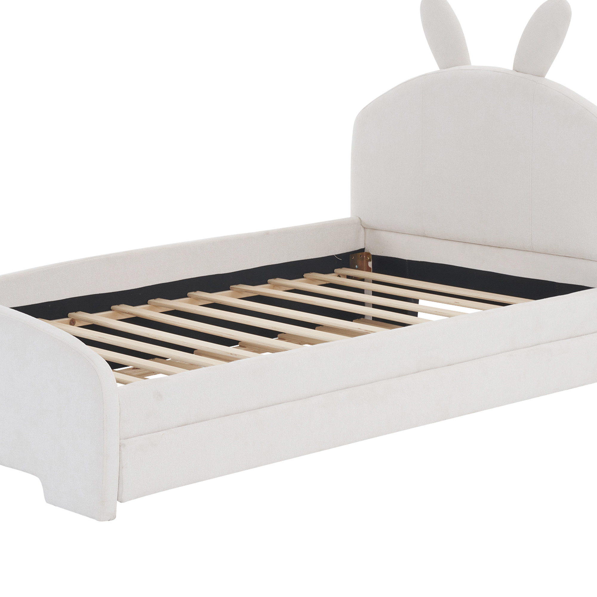 Aukfa Twin Size Upholstered Platform Bed with Trundle and Bunny Ears Headboard for Kids Girls, White