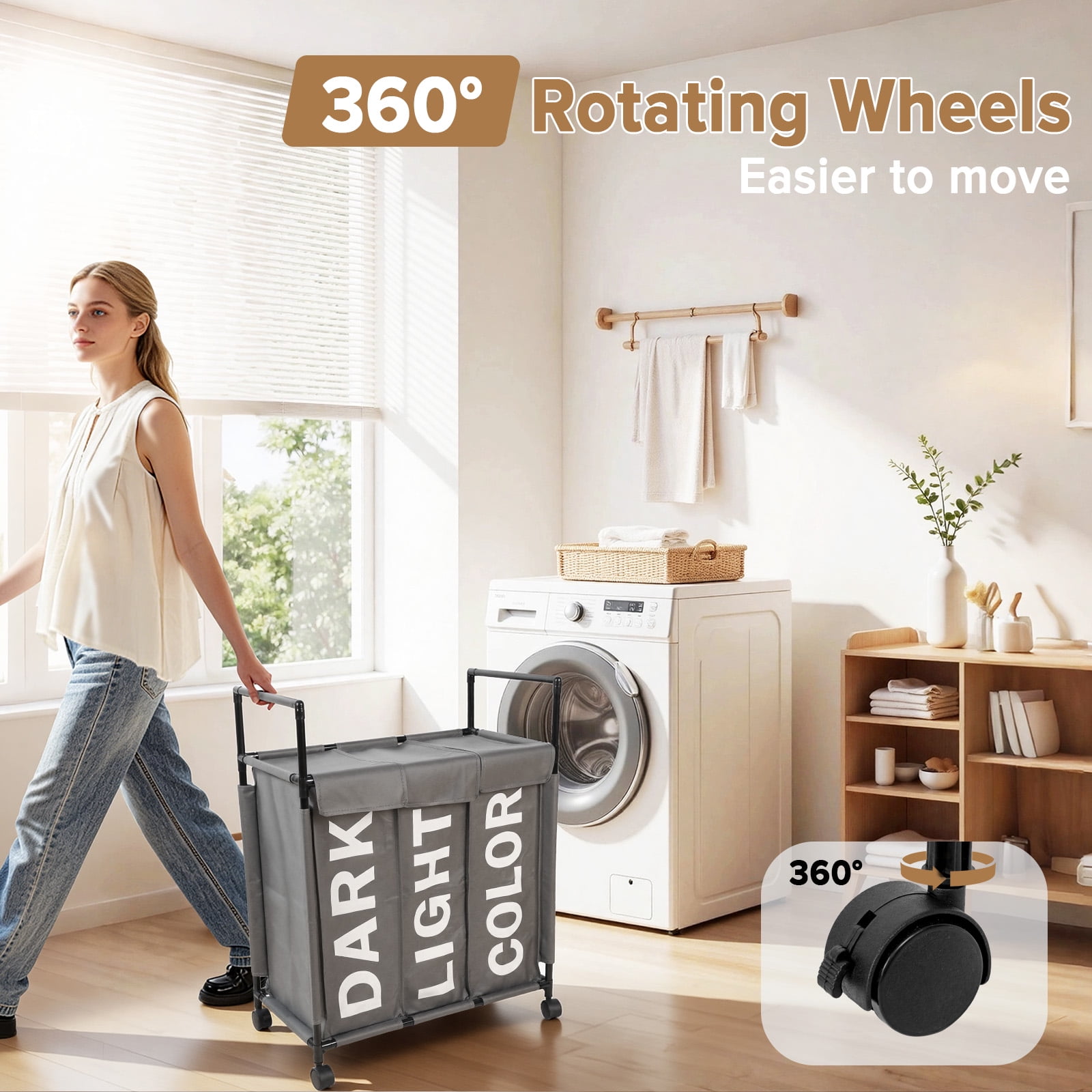 3 Section Laundry Basket with Wheels and Lids, 150L Rolling Laundry Hamper with Handle, Sorter for Clothes Toys Sundries (Gray)