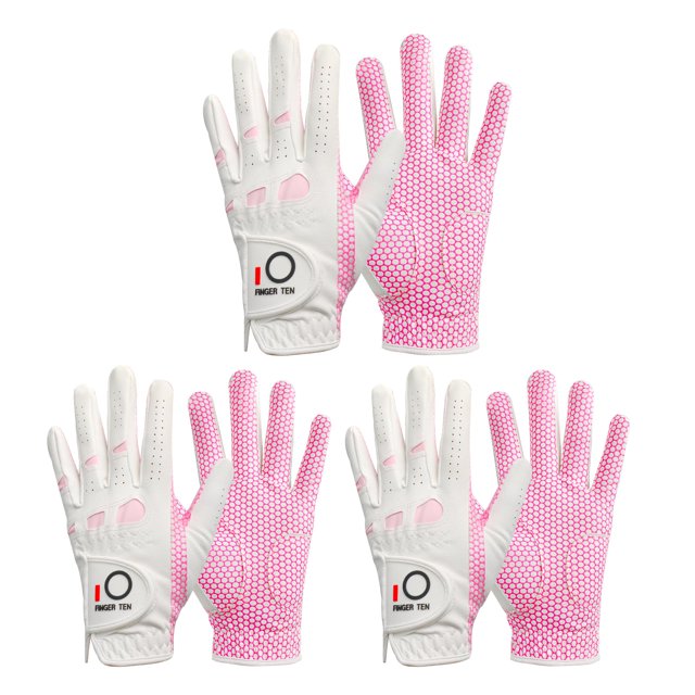 Finger Ten Guantes de golf para mujer, mano izquierda o derecha, agarre Weathersof Value, paquete de 3, tamaño mediano, pequeño, grande, diseño profesional (blanco y rosa, paquete de 3 medianos, usado