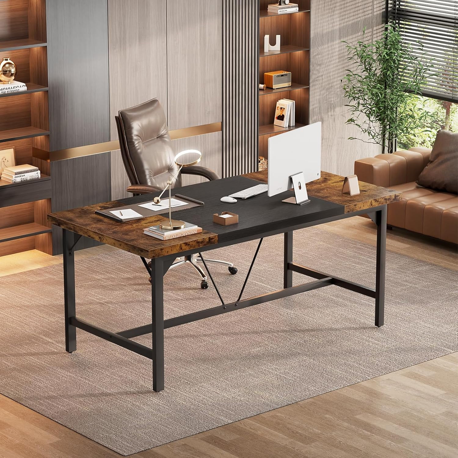 Homieasy 63 Inch Computer Desk, Sturdy Large Office Desk, Premium 2 Person Long Desks, Super Thick Study Writing Gaming Table, Modern Computer Table, Easy to Assemble, Rustic Brown