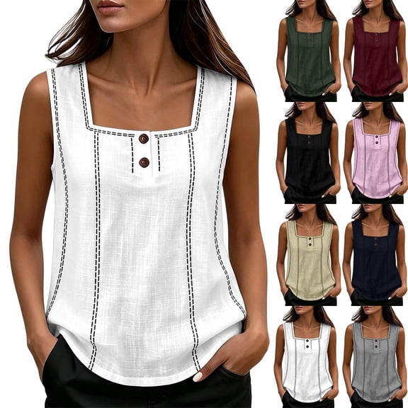 Miluxas Womens Tank Tops Stitched Contrast Trim Sleeveless Square Neck Tank Top Loose Fit Casual Summer Basic T Shirt for Daily & Vacation White