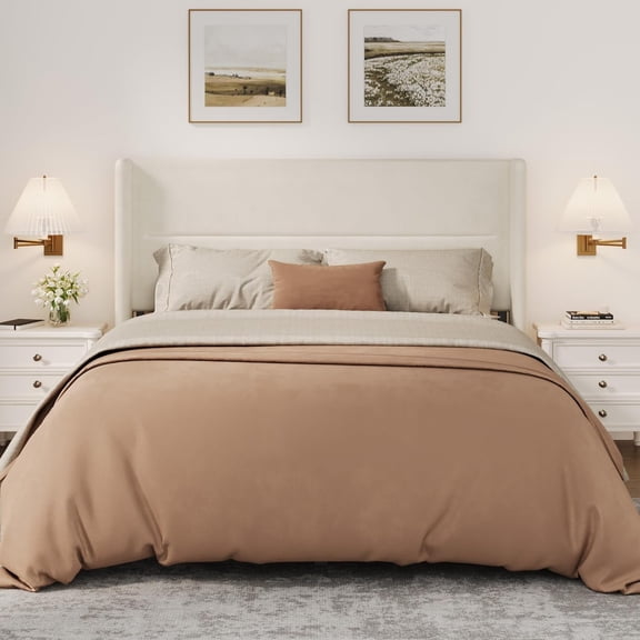 Queen Velvet Upholstered Platform Bed Frame – Wingback Headboard, Wood Slats Support, Easy Assembly, Beige