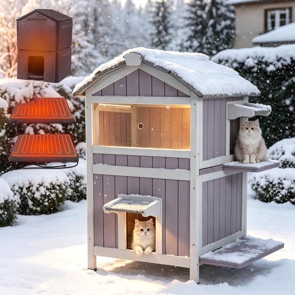 Aivituvin Heated Outdoor Cat House for Outside Weatherproof Feral Cat Shelter for Winter with Heater and Insulated Liner Two Story
