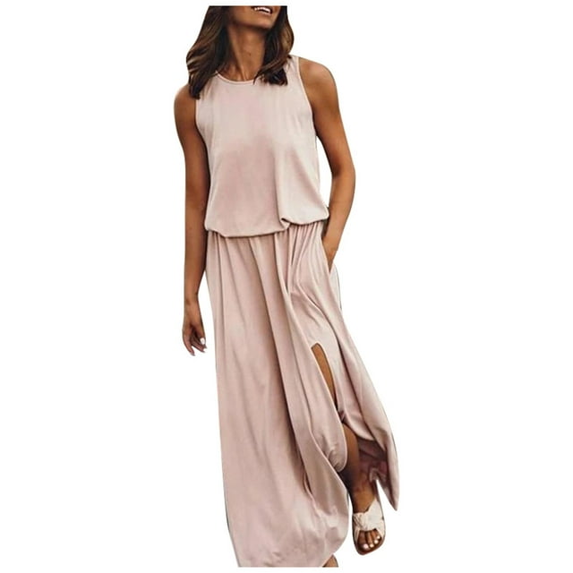 Vestido largo sin mangas con cuello redondo y abertura para mujer - Vestido de novia de playa fluido de color liso