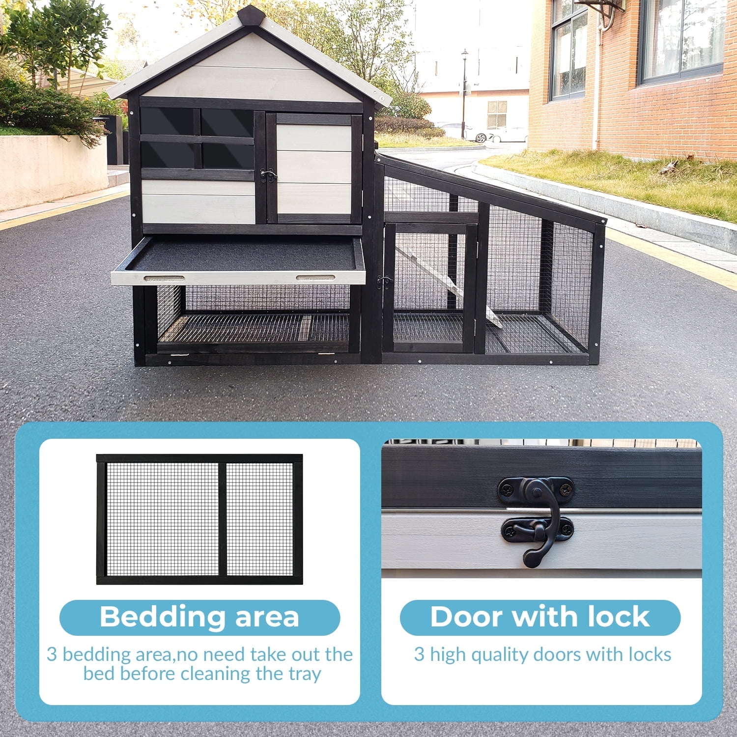 Two-Layer Outdoor & Indoor Rabbit Hutch with Waterproof Roof, Removable Wire Mesh bedding area and Ventilation - Wooden Bunny Cage for Rabbits, Guinea Pigs, Chickens,