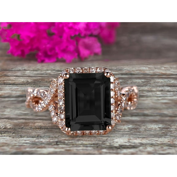 2 Carat 7x5mm Emerald Cut Black Diamond Moissanite Engagement Ring 10k Rose Gold Promise Ring for Bride or Anniversary Gift Startling Jewelry Twisted Across Design Halo Art Deco