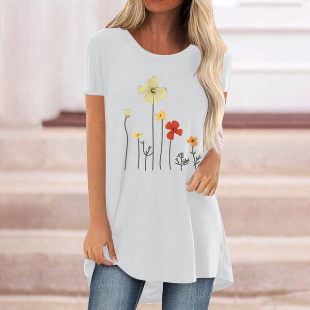 EGNMCR T-Shirts pour Femmes Femmes Mode Décontractée Imprimé Manches Courtes T-Shirt Ample Hauts Tunique Blouse