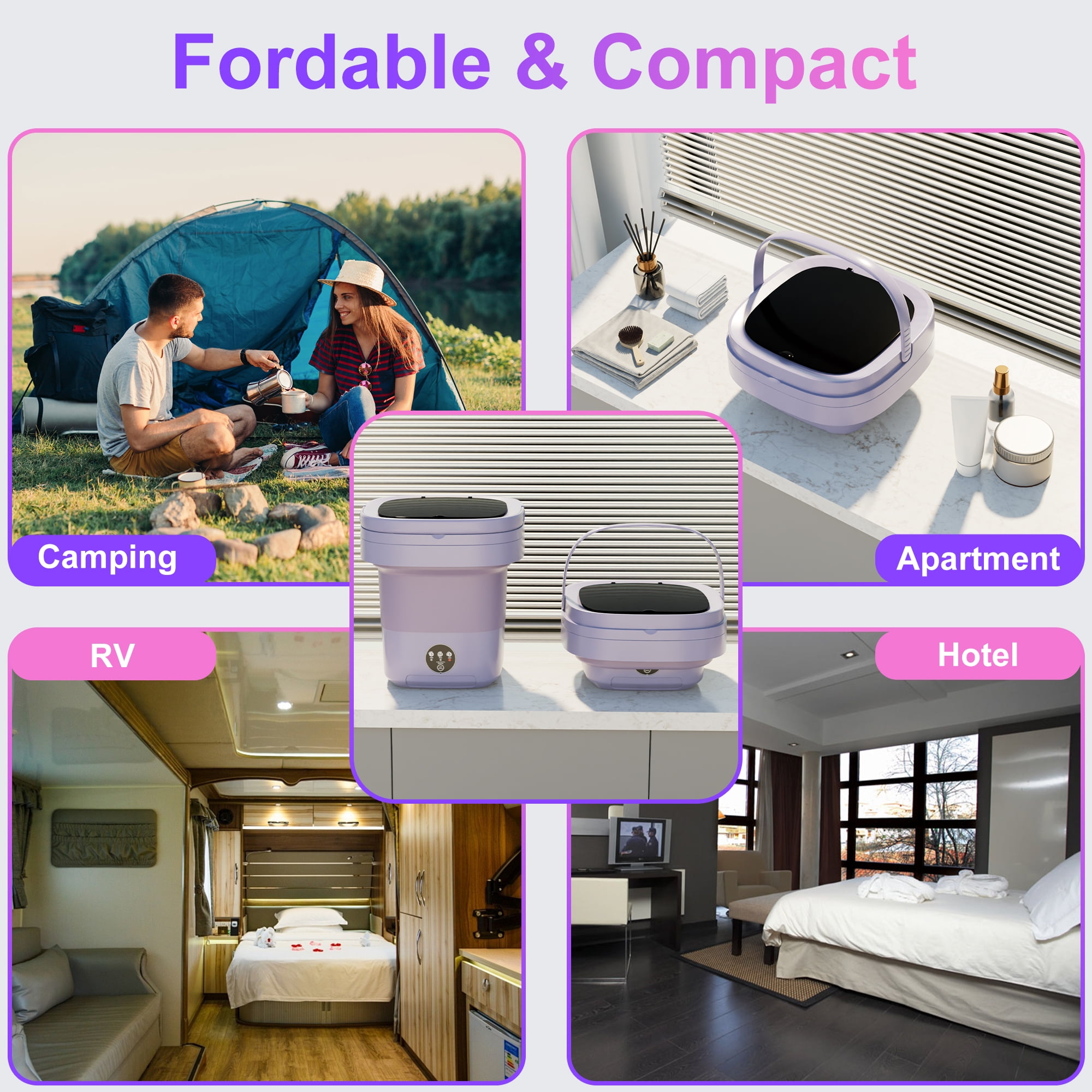 12L Portable Washing Machine, Mini Foldable Washer for Apartment, RV, Travel, Purple