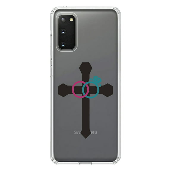 DistinctInk Clear Shockproof Hybrid Case for Galaxy S20 PLUS / 5G (6.7" Screen) - TPU Bumper Acrylic Back Tempered Glass Screen Protector - Wedding Rings Cross Jesus