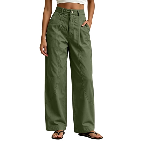 Guluxicc Women's Pants with Pockets Business Casual Pants Elastic Waist Button Front Wide Leg Loose Long Trousers for Everyday Wear Summer Casual Outfits