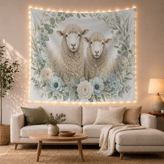 Two Lambs With Soft Floral Wreath and Green Leaves, Peaceful Farmhouse Style for Animal Lovers, Wall Decor, Housewarming Gift, Tapestry Wall Hanging for Nursery and Bedroom