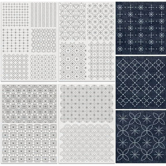 14Pcs Geometric Texture Water Soluble Hand Sewing Stabilizers 8.3"x11.7" Modern Geometric Sashiko Embroidery Pattern Stabilizer 4 Sheets Mending Stick and Stitch Embroidery Paper Sticker Cloth