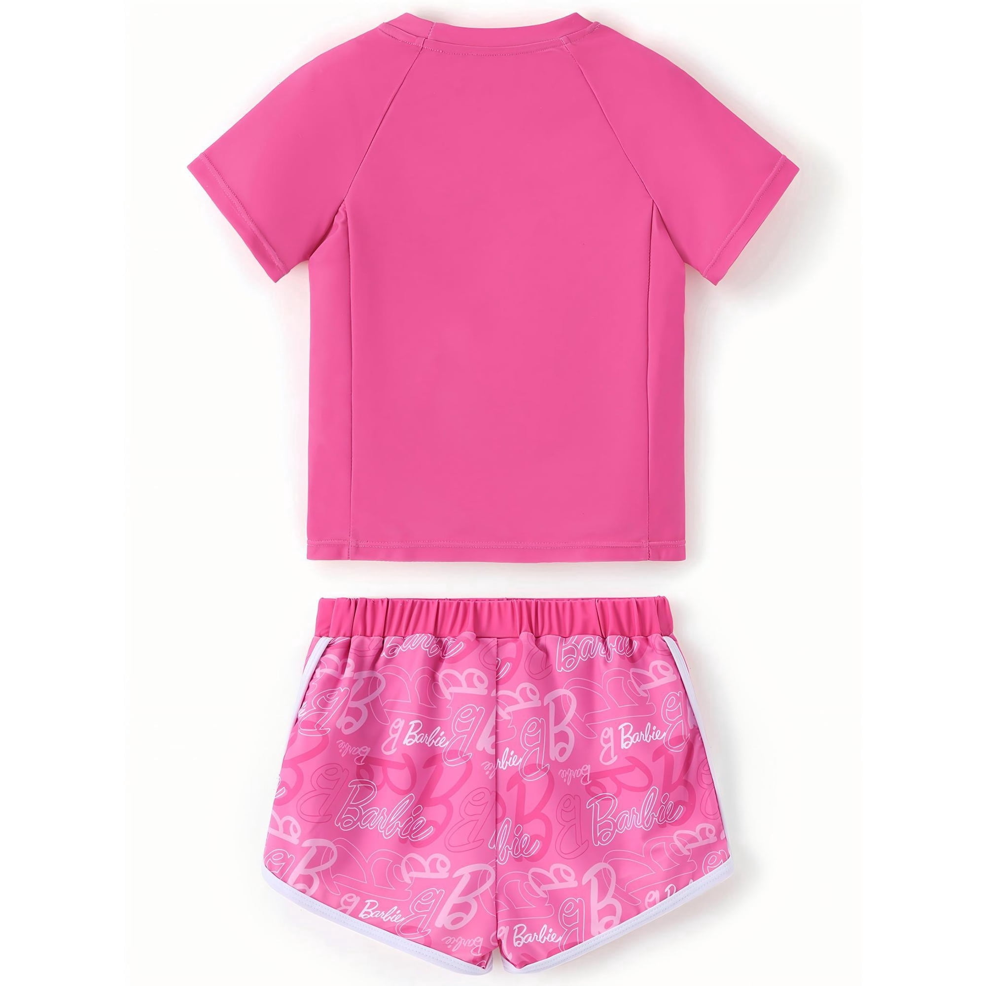 Barbie Girls Swimsuit Rash Guard Short Sleeve Raglan Graphic Top Matching Swim Shorts 2 Piece Swim Set Sizes 6-7Y