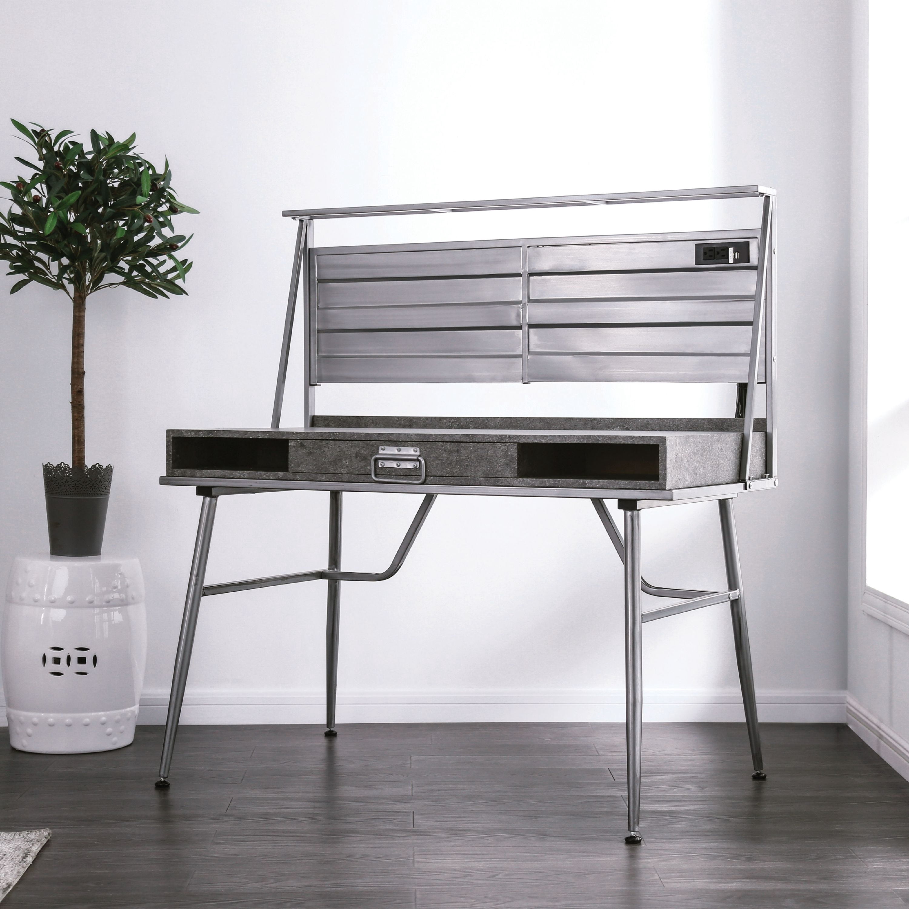Furniture of America Jairo Industrial Metal Writing Desk with USB Outlet in Silver Finish