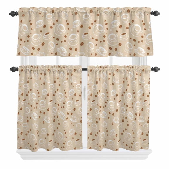 3 Piece Kitchen Curtains and Valances Set Coffee Cups Cafe Curtains 36 Inch Length Vintage Country Leisure Coffee Beans Beige Valance & Tier Curtain for Living Room Bedroom Window 54"x18" 27"x36"*2