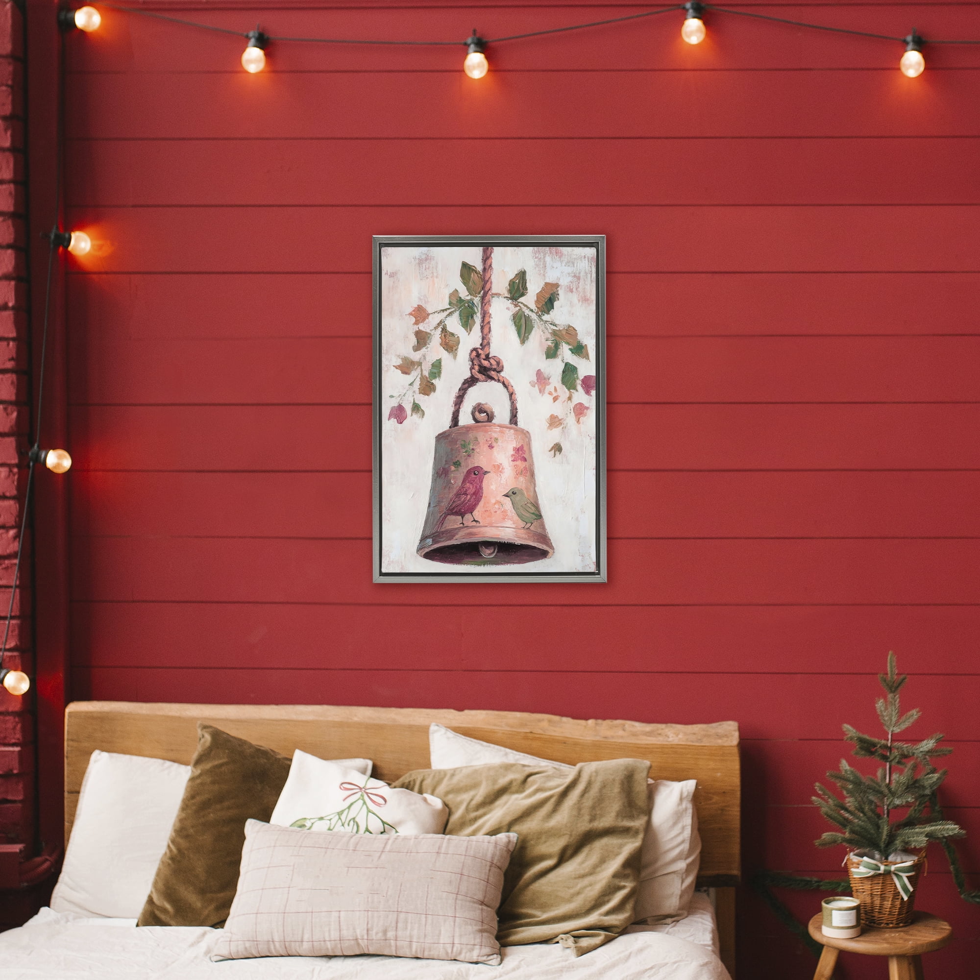 Vintage Christmas Bell Gray Framed Floater Canvas Wall Art, design by Petal Prints Design