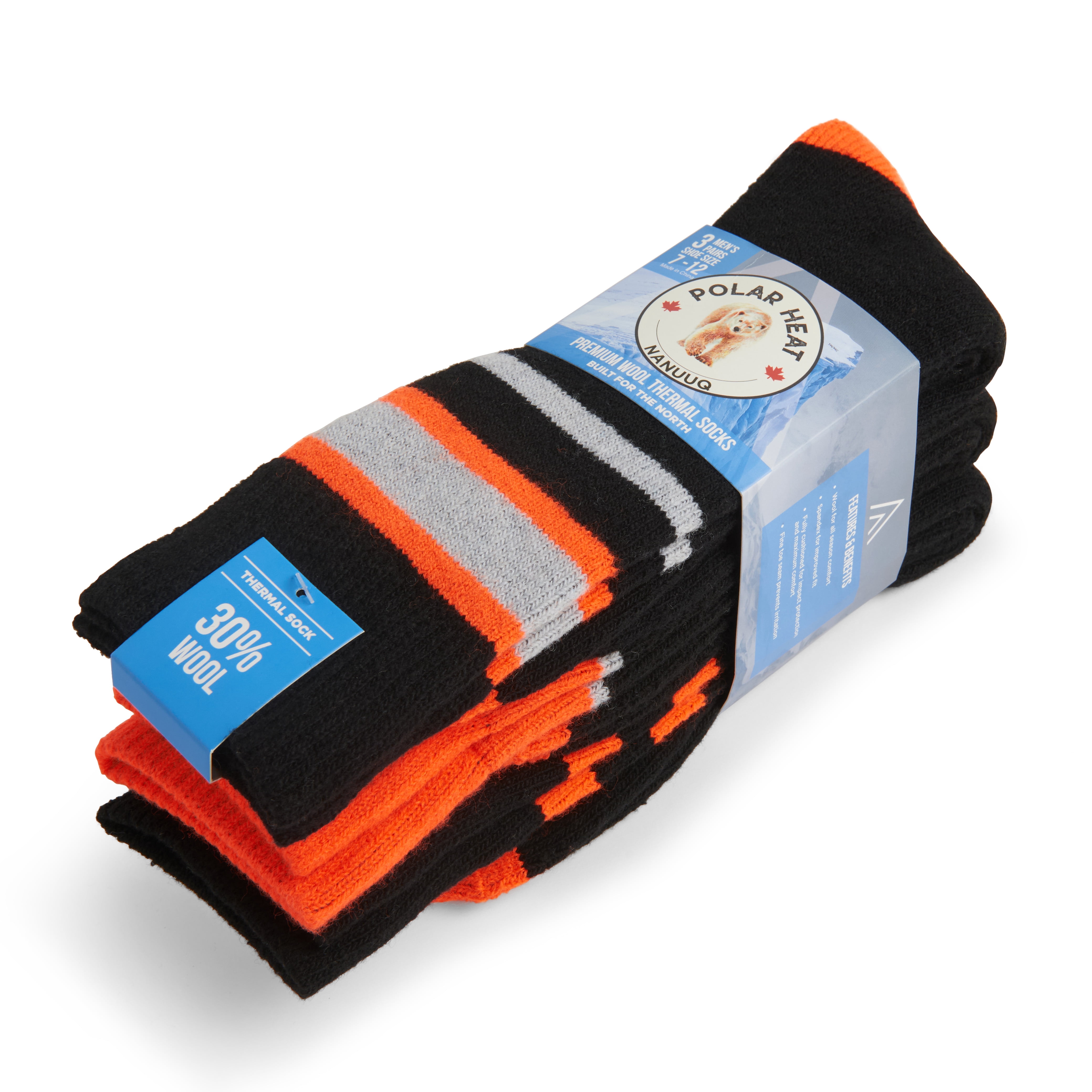 Polar Heat Nanuuq Wool Crew Socks, Cushioned Socks for Men, Black Blaze, 3 Pairs