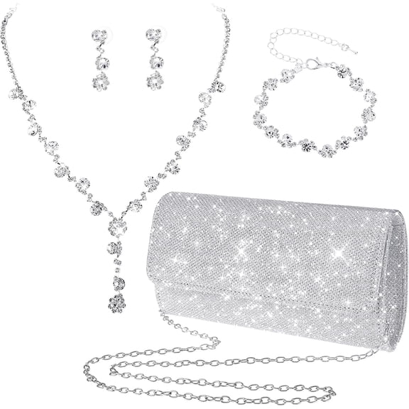 Bridal Wedding Jewelry Set - Silver Clutch Purse Bag - Rhinestone Necklace, Earrings, Bracelet - Prom Jewelry for Brides & Bridesmaids