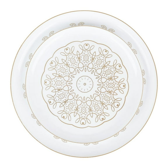 Combo Set 8" Dessert Plates and 10" inch Round White Plastic Plates with Gold Medallion Print, Disposable China Like Party Plate, Heavy Duty Dinner Charger Plate, Salad, Wedding, Tableware (20)