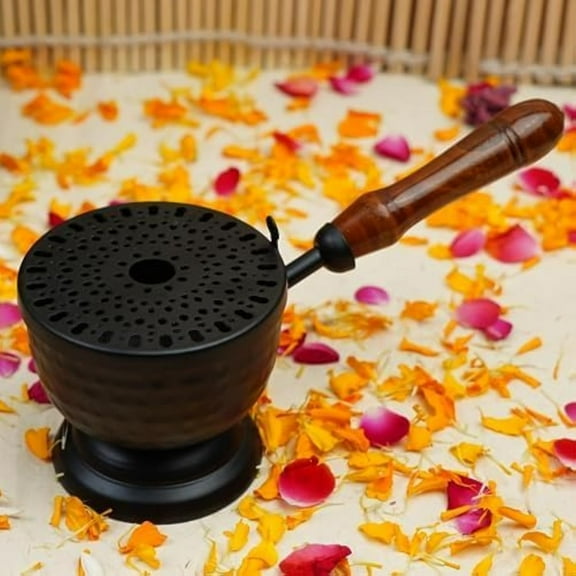 Hammered Base Incense Burner – Home Purifying Loban Dhoop Dani Dhuni | Round Metal Incense Holder with Carved Lid – Black Finish, 3.5-Inch Diameter