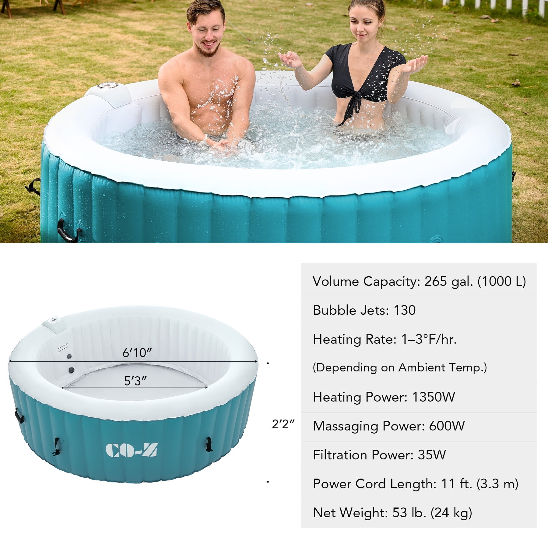 CO-Z 6 Person 7ft Inflatable Hot Tub Pool with Energy Efficient Spa Cover, Massage Jets and All Accessories Teal