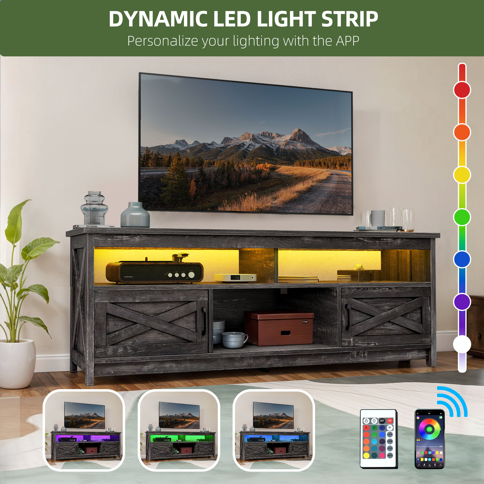 Uforic 65 Inch Farmhouse TV Stand Fits 70/75 Inch Flat Screen TV with RGB Ambient Light, Cable Holes, Built-in Power Station & Multi Storage Space for Living Room, Dark Grey