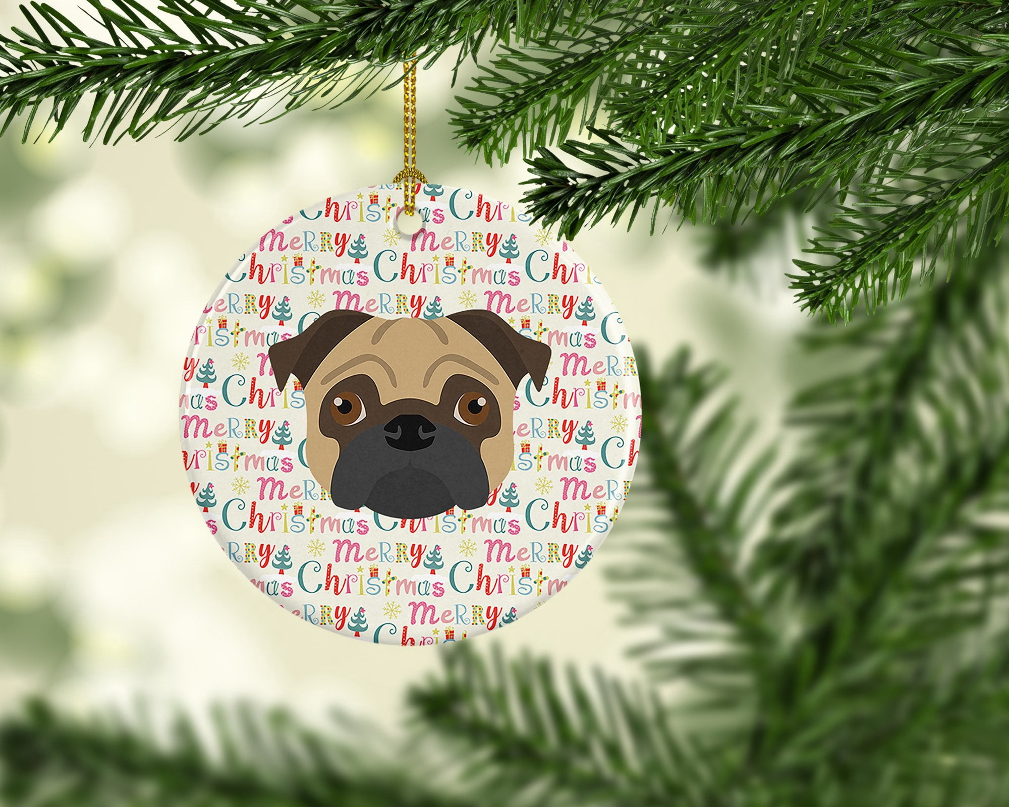 Pug Merry Christmas Ceramic Ornament 2.8 in x 2.8 in