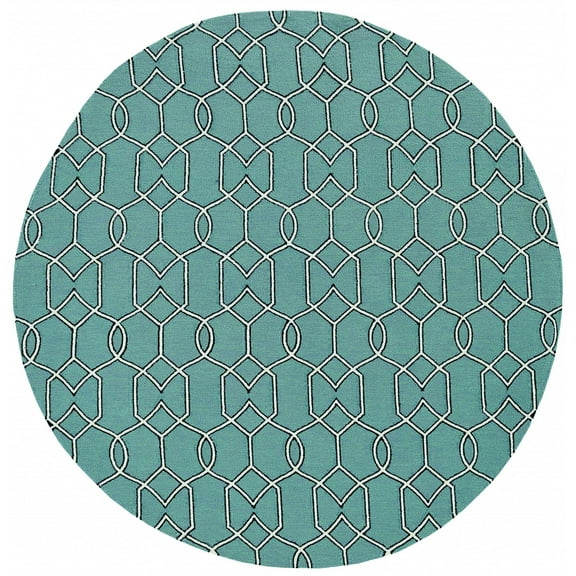 7' Spa Green Hand Hooked UV Treated Geometric Round Indoor Outdoor Area Rug
