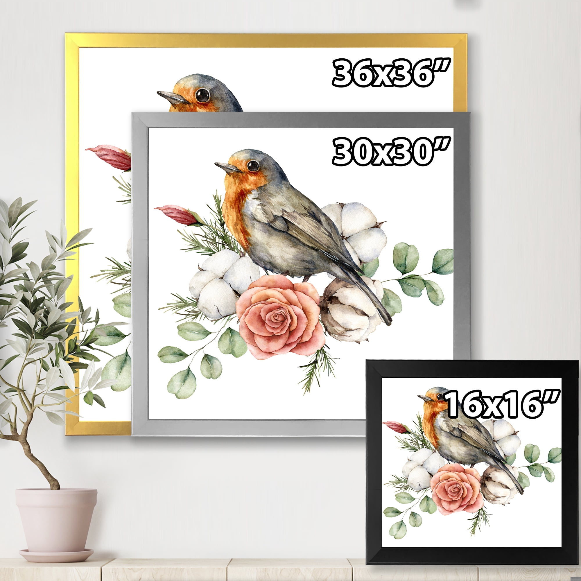 Designart 'Cotton Rose and Leaves With Robin Redbreast' Traditional Framed Art Print