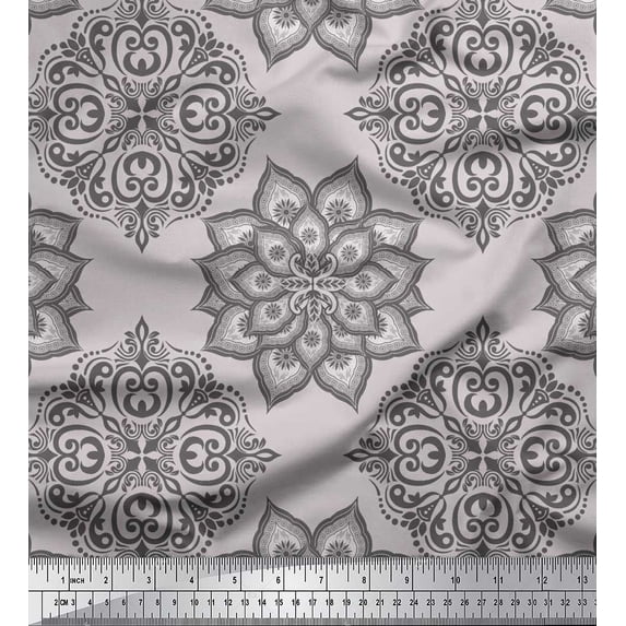 Soimoi Poly Georgette Fabric Floral Mandala Decor Fabric Printed Yard 42 Inch Wide