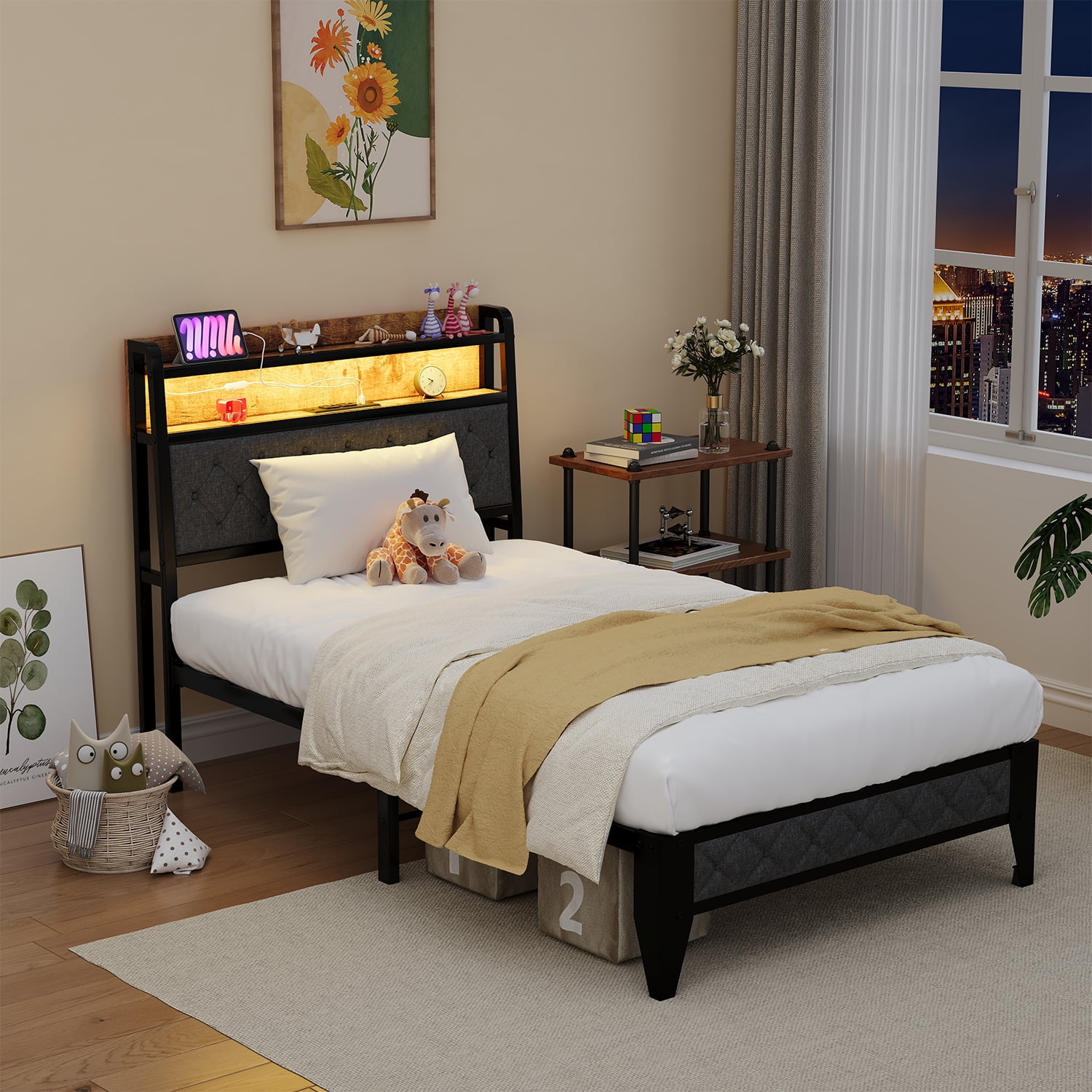 Meteorleg Twin Size Bed Frame with Storage Headboard & Charging Station,Platform Metal Bed Frame with RGB Lights,Grey