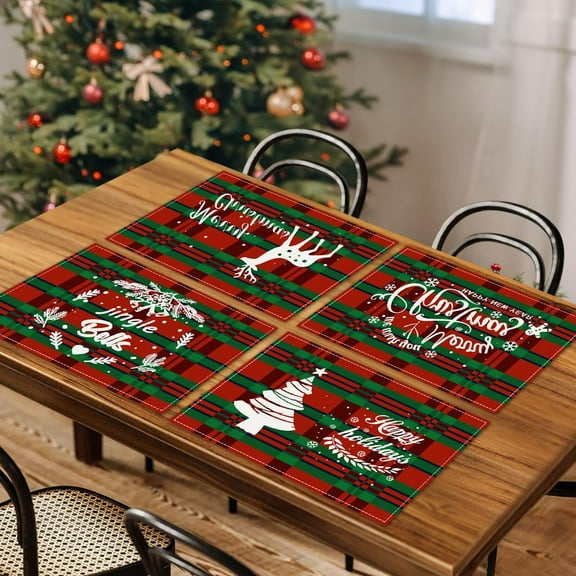 Christmas Placemats Set of 4, 12x18 Inch Red Green Buffalo Plaid Merry Christmas Table Mats for Party Kitchen Dining Decoration