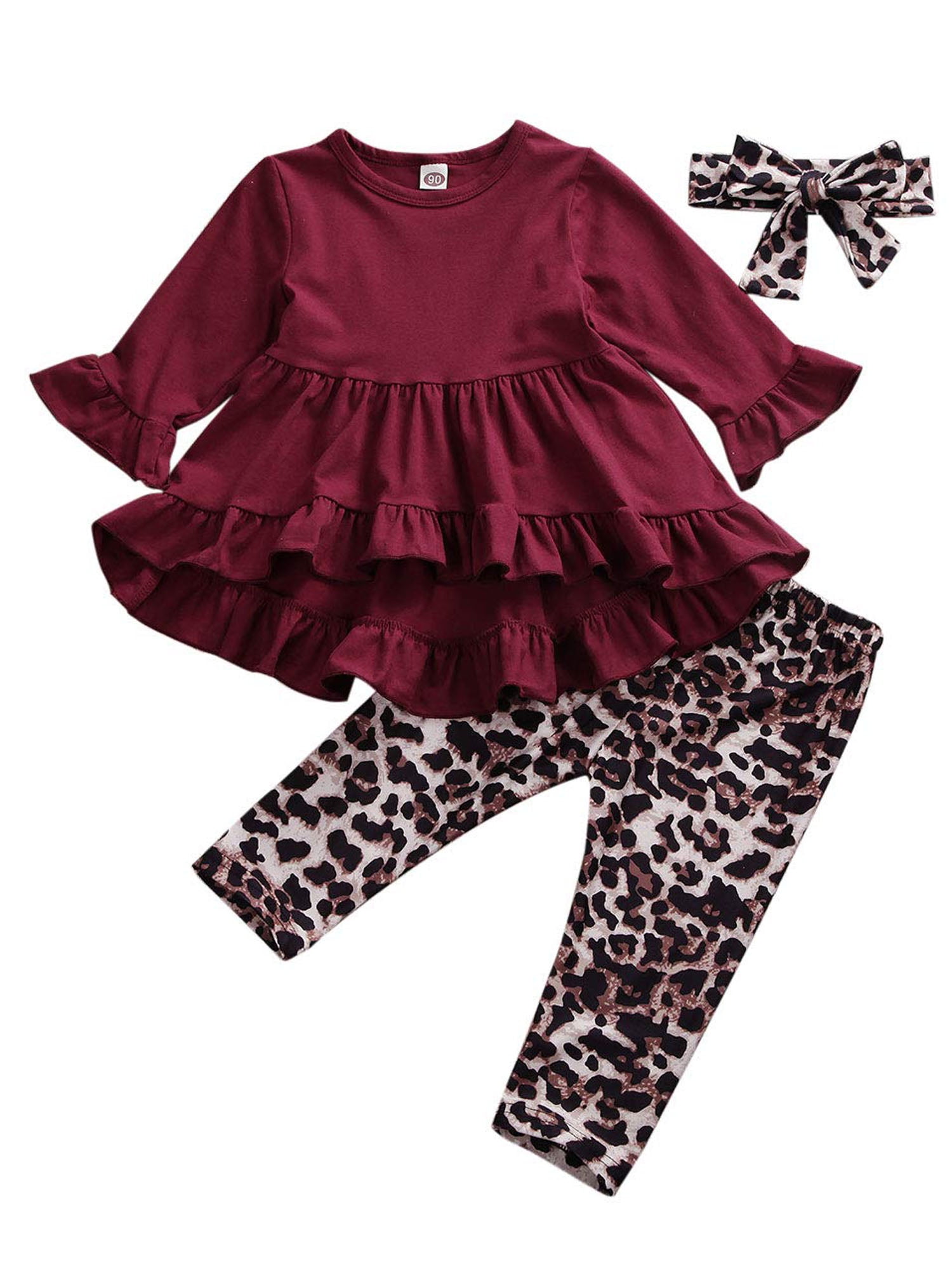 Toddler Baby Girl Clothes Ruffle Tops Dress+Leopard Leggings Pants Outfit Set 