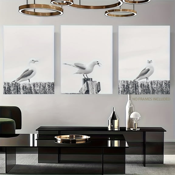 2D Flat, 3-Panel Seagull Wall Art Set - Bohemian Coastal Sea Gull Paintings, Vertical Frameless Canvas Prints for / Vertical wall Decor, Nautical Bird Paintings for Christmas Gifts,, Bedroom, (Winte