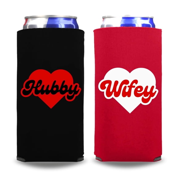 Valentine's Couple Slim Can Cooler, Hubby Wifey Design, Spiked Seltzer Sleeve, Drink Accessory, 2 Pack Red and Black
