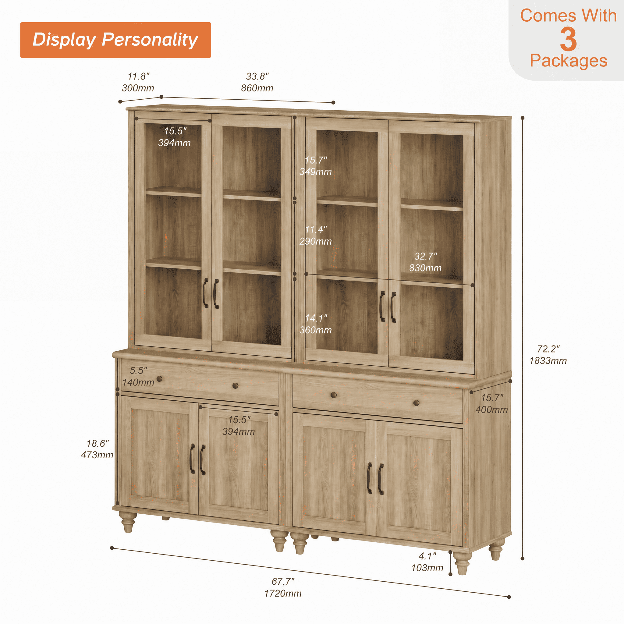 Sideboard Buffet Cabinet with Storage, 5-Tier Bookcase with Glass Doors, Farmhouse Bookshelf with Ample Storage Cabinet, Large Bookshelves for Living Room, Office, Kitchen, Oak, 72" H
