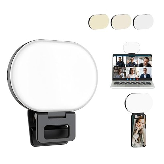 Soft LED Light Rechargeable 2000mAh 2700-6500K Selfie Light with Silicon Clip Type-C, 3 Color Modes for Phones Cameras Laptops iPads Perfect for Makeup Video Calls TikTok & Vlogs
