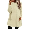 thumbnail image 2 of SBYOJLPB Women's Long Sleeve Women's Round- Neck Autumn and Winter Loose Solid Pocket Warm Long Sleeve Blouse Tops Beige,XXL Beige 12(XXL), 2 of 7