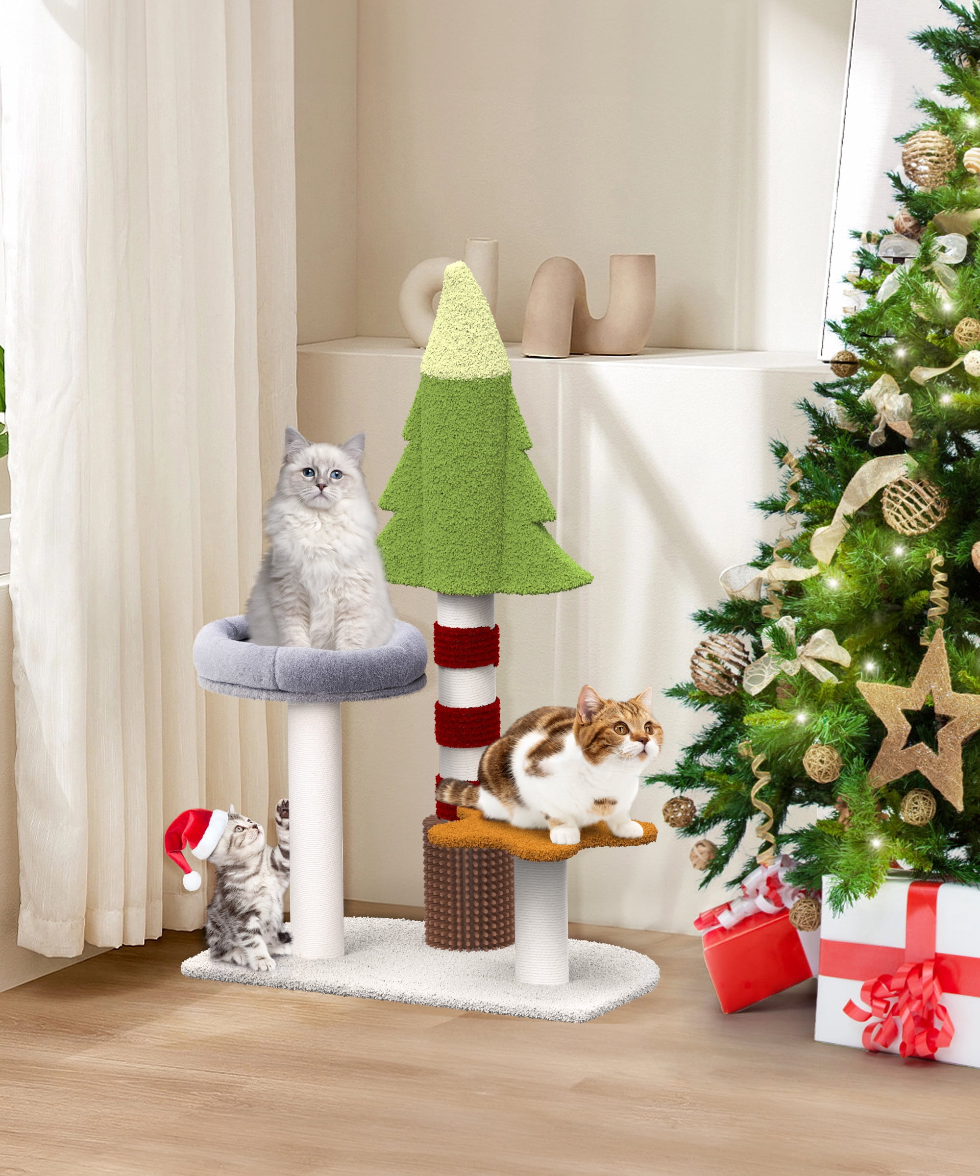 Cat Tree 35.4" Cute Christmas Tree Cat Scratching Post Tower with Perch for Indoor Kitten Kitty