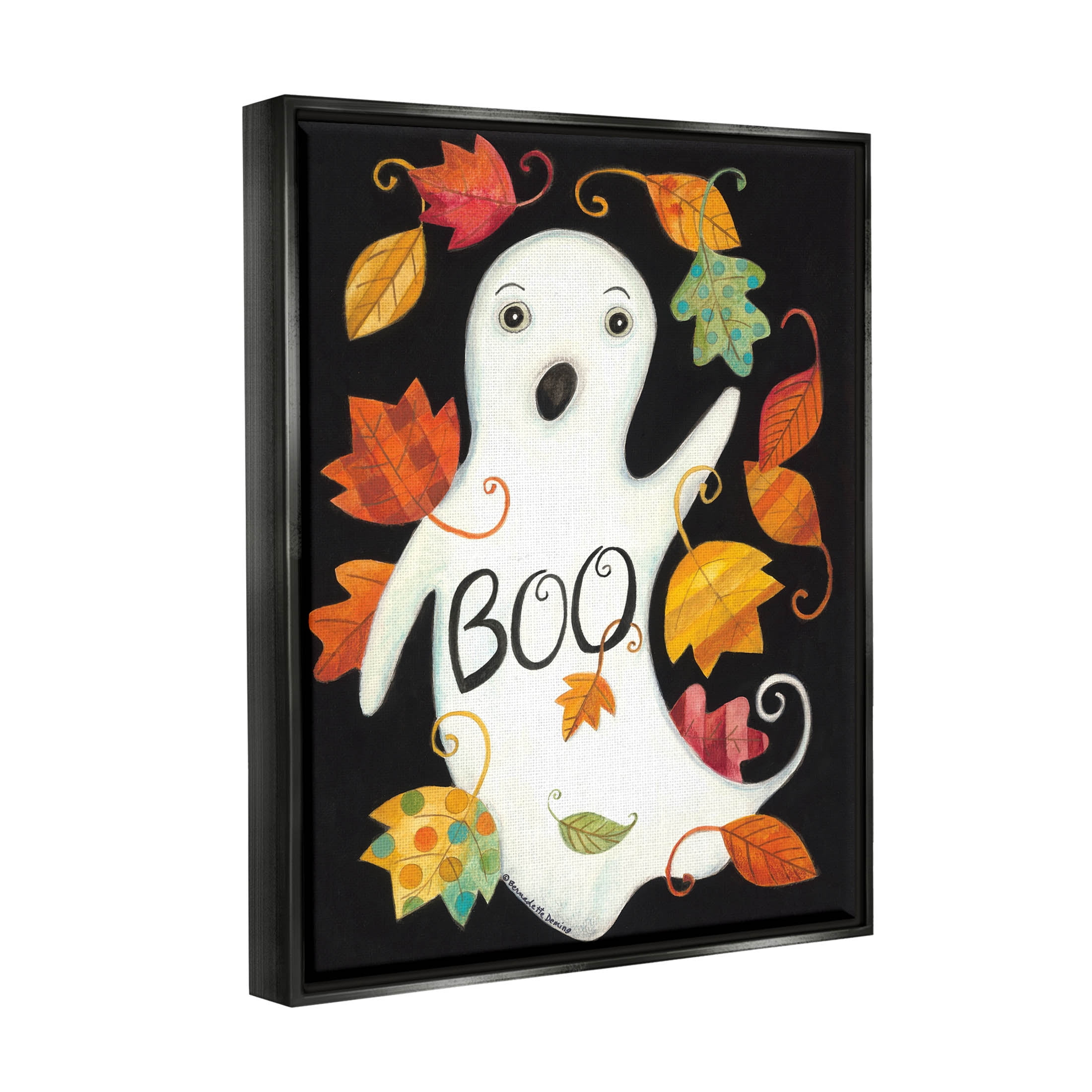 Vintage Boo Ghost Patterned Leaves Holiday Graphic Art Jet Black Framed Art Print Wall Art