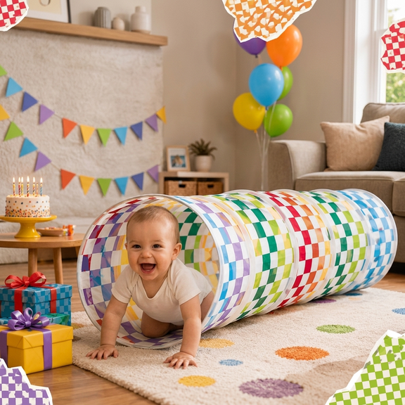 Sisticker Kids Play Tunnel, Crawl Tunnel Pop Up Tent for Toddlers, Rainbow Checkerboard Indoor Outdoor Play Tunnel with Storage Bag, 69 in L x 18 in D Peach Skin Velvet