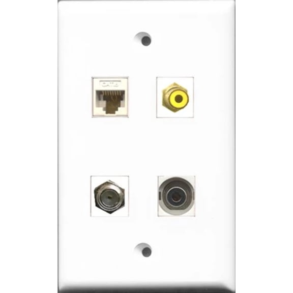 RiteAV 1 Port RCA Yellow and 1 Port Coax Cable TV- F-Type and 1 Port 3.5mm and 1 Port Cat6 Ethernet White Wall Plate