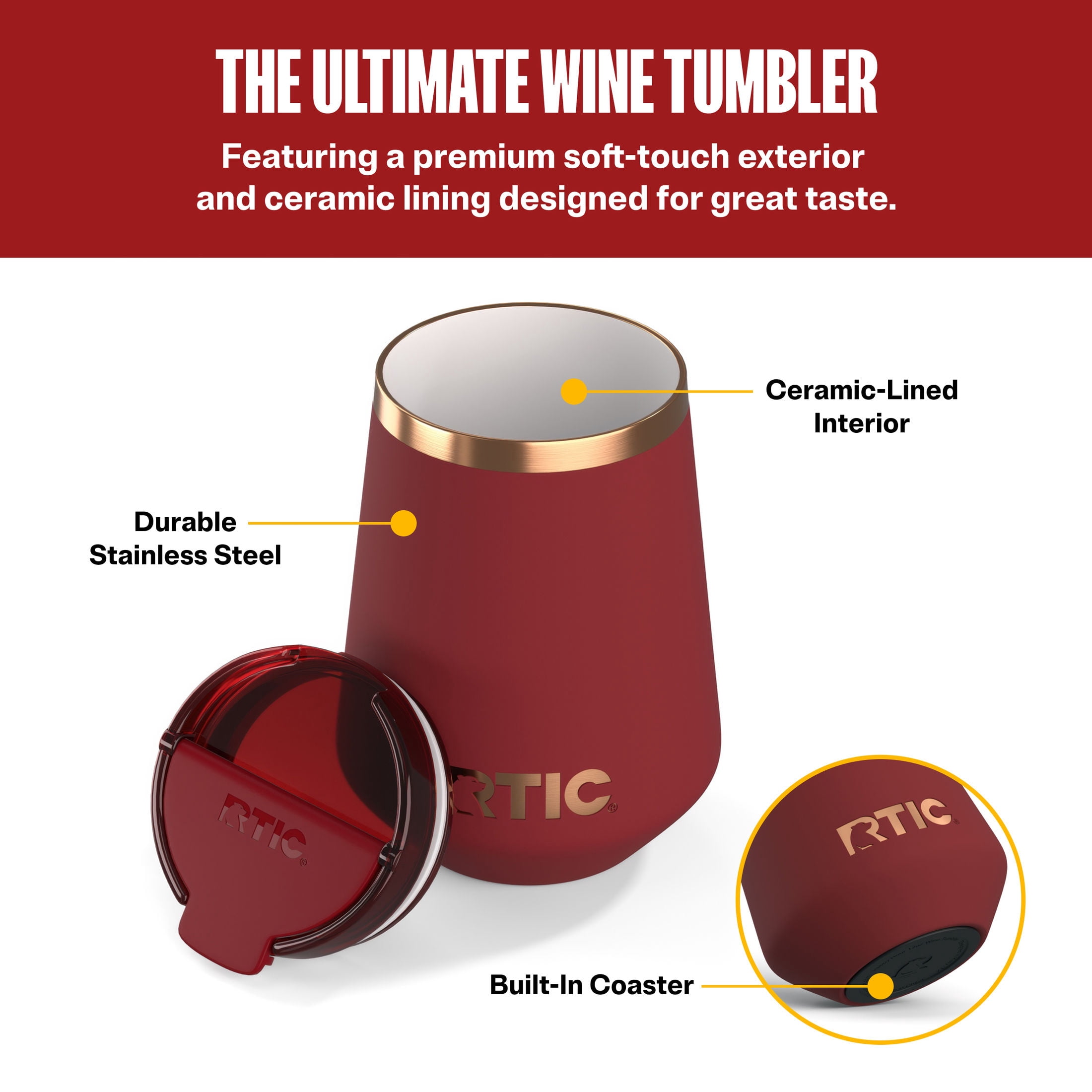 RTIC 12 oz Ceramic Lined Insulated Wine Tumbler with Leak Resistant Lid, Black Cherry