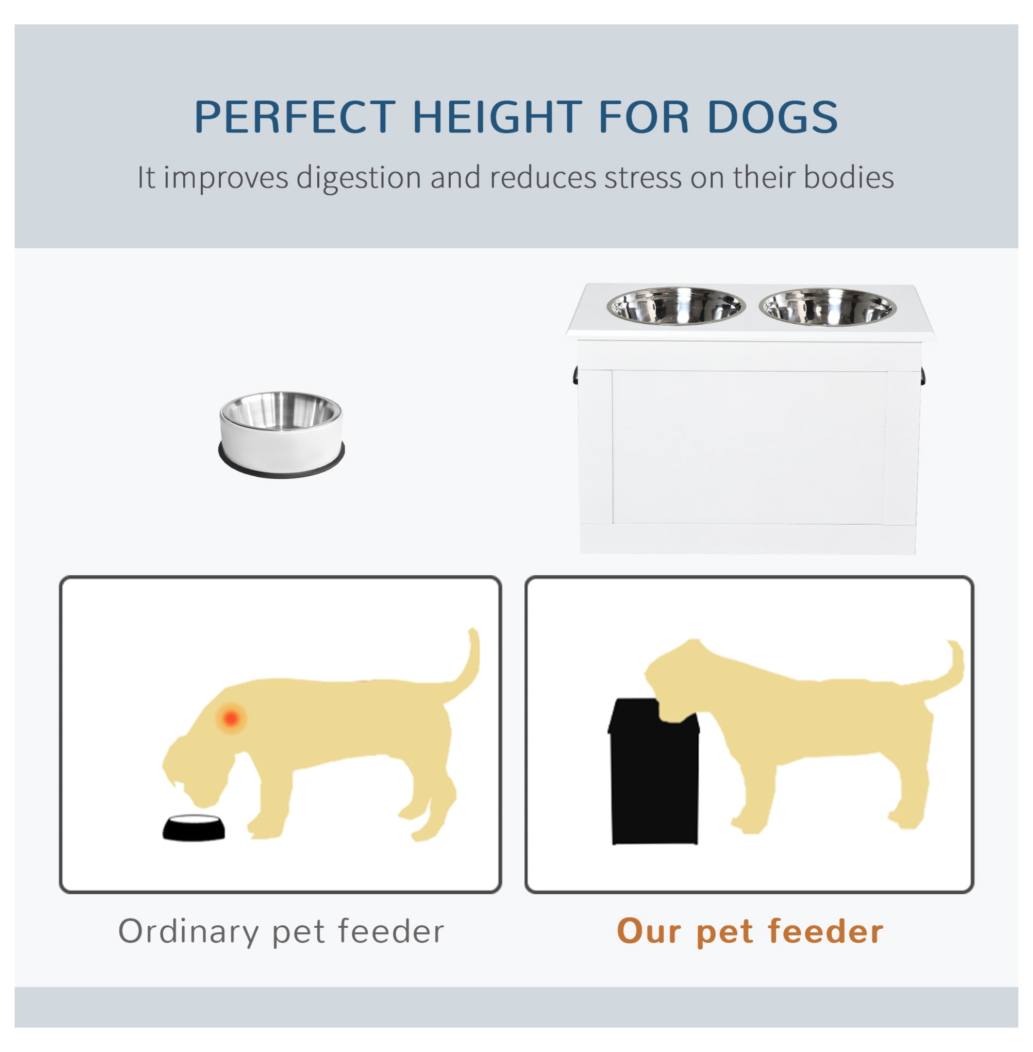 Raised Dog Bowls for Large Dogs, Elevated Pet Feeder Station with Storage, 2 Stainless Steel Bowls, White