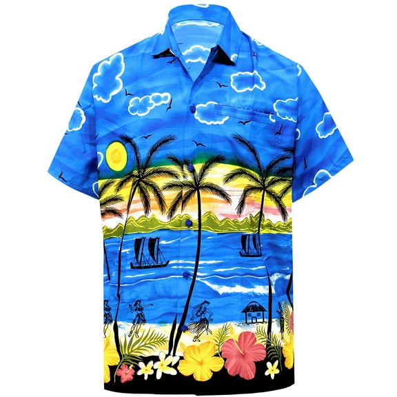 HAPPY BAY Men's Hawaiian Shirts Short Sleeve Button Down Shirt Mens Tropical Shirts Casual Vacation Summer Party Caribbean Shirts for Men Funny 7XL Sunset Palm, Blue