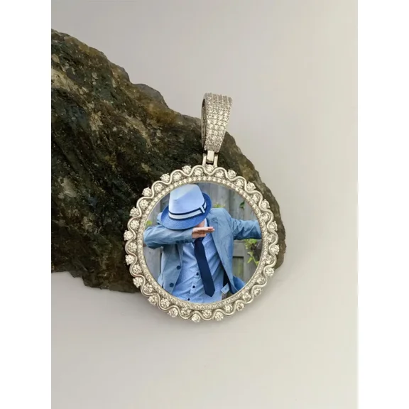 Hrutvi Jewels Real Moissanite Photo Pendant 925 Silver 14K White Gold Plated Custom Memorial Picture Necklace Round Halo Charm Gift